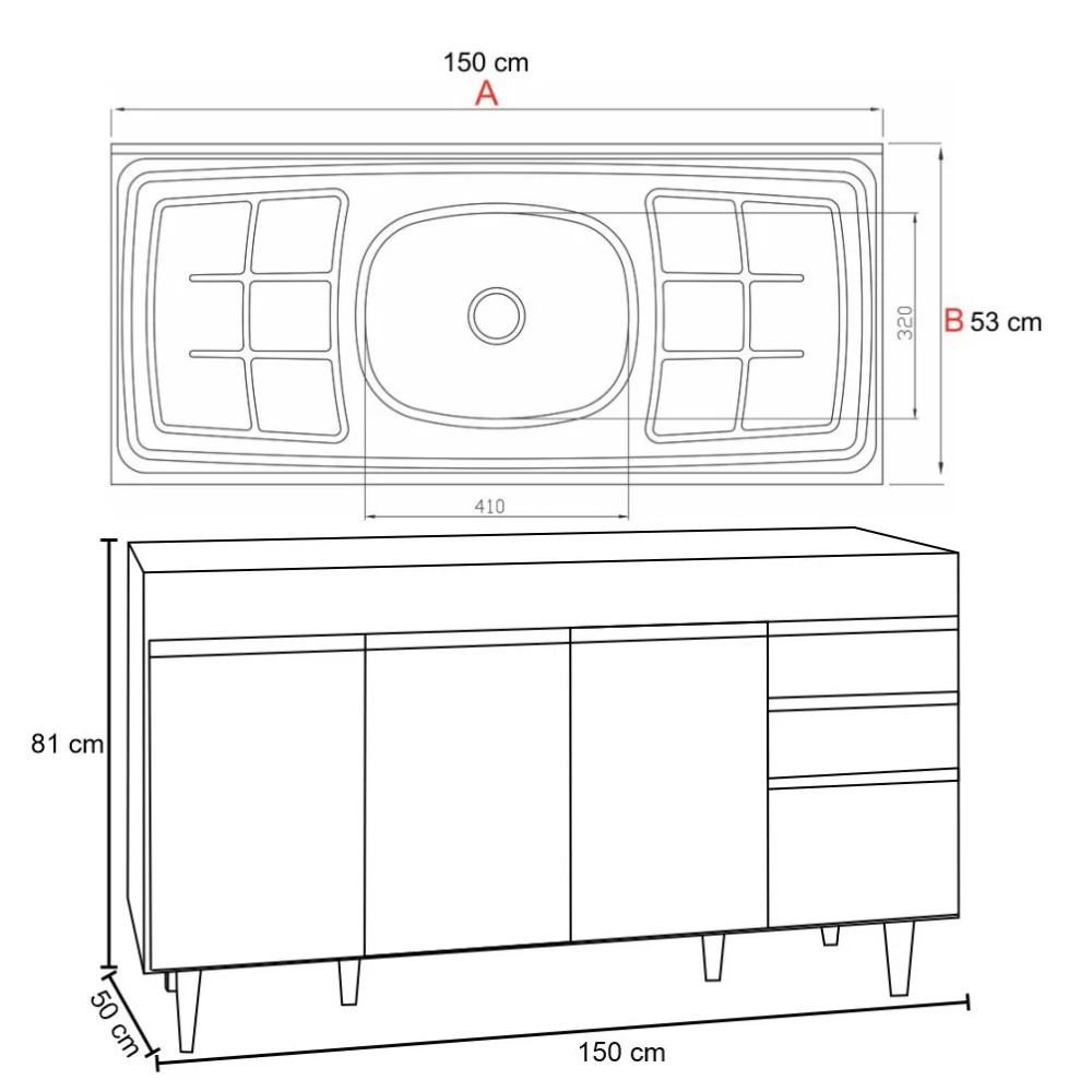Balcão Gabinete com Pia Inox 150cm 4 Portas 2 Gavetas Marrocos Branco/Preto - Lumil