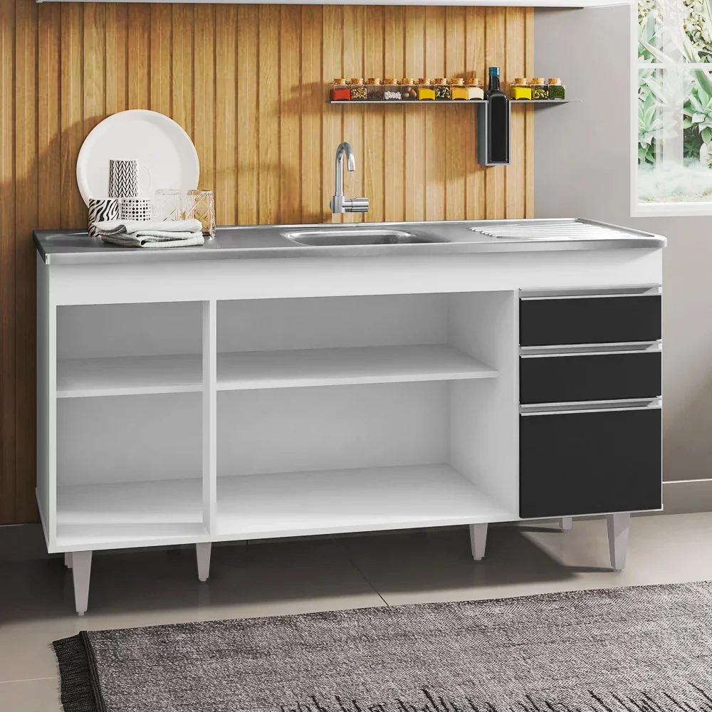 Balcão Gabinete com Pia Inox 150cm 4 Portas 2 Gavetas Marrocos Branco/Preto - Lumil