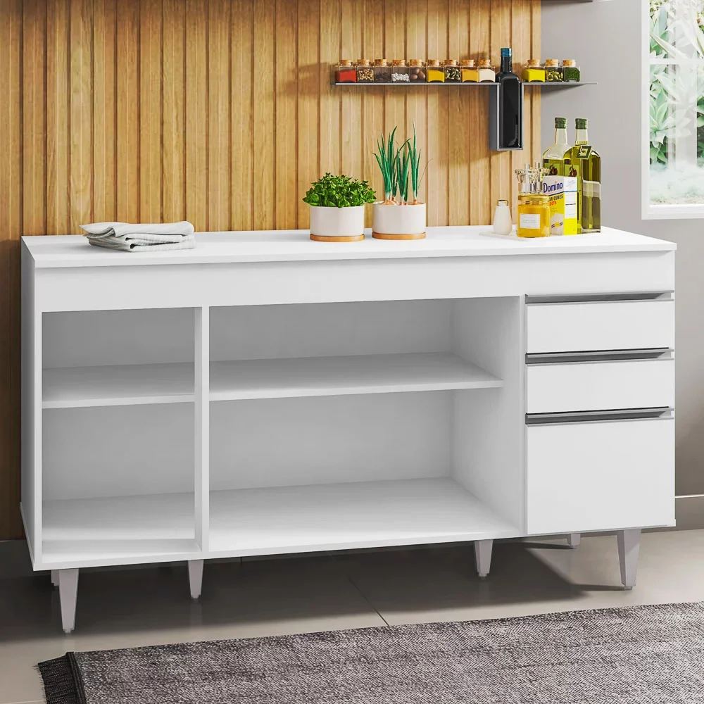 Balcão Gabinete Para Pia 150cm com Tampo 4 Portas 2 Gavetas Marrocos Branco - Lumil