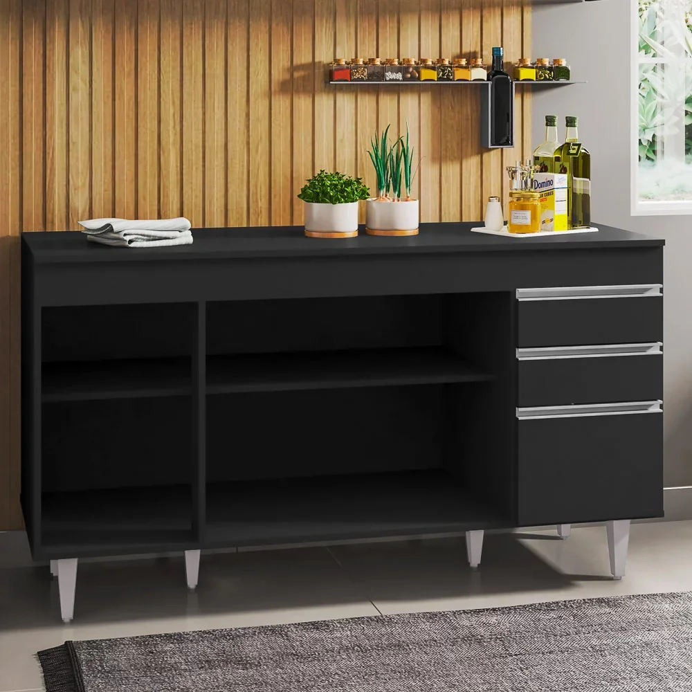 Balcão Gabinete Para Pia 150cm com Tampo 4 Portas 2 Gavetas Marrocos Preto - Lumil