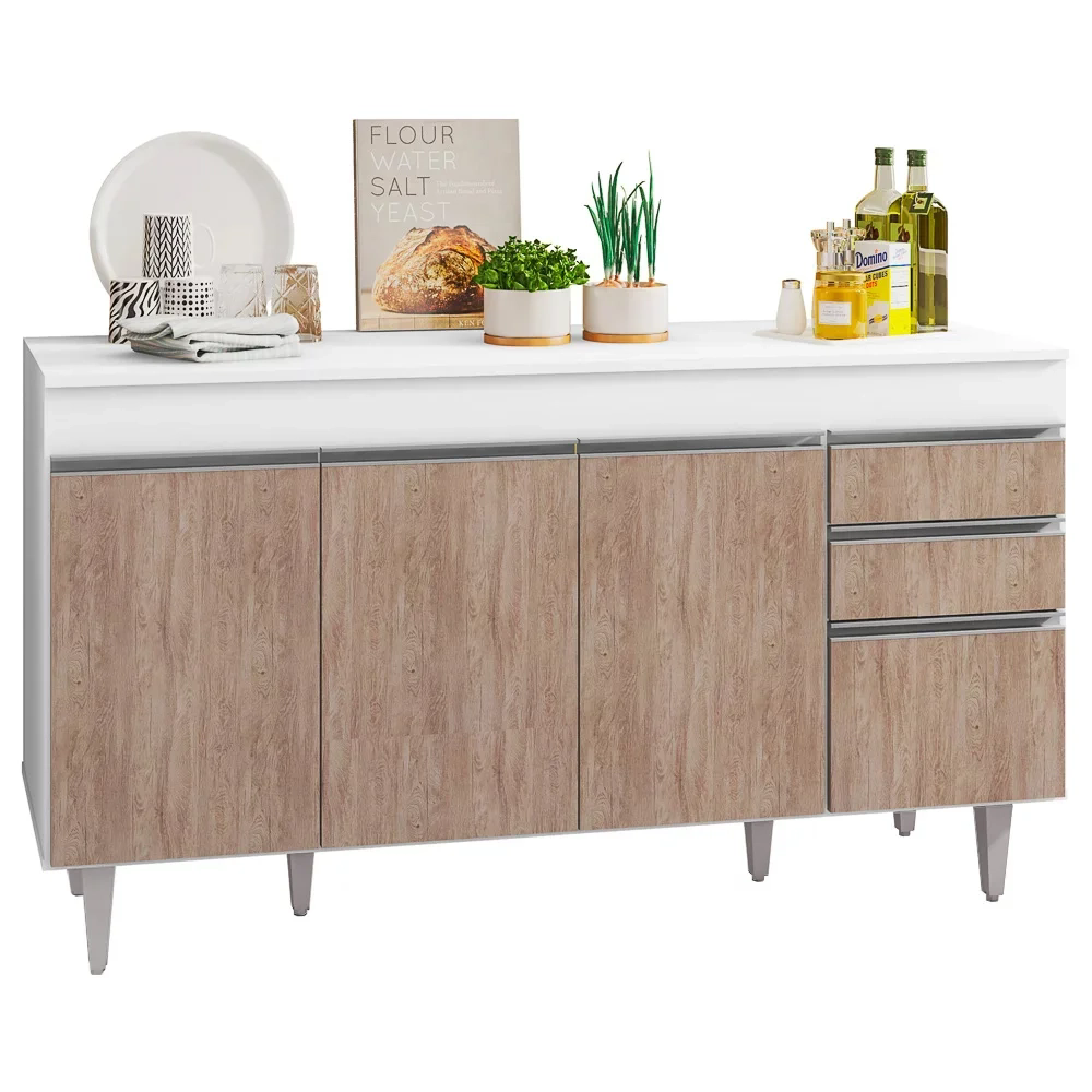 Balcão Gabinete Para Pia 150cm com Tampo 4 Portas 2 Gavetas Marrocos Branco/Castanho - Lumil