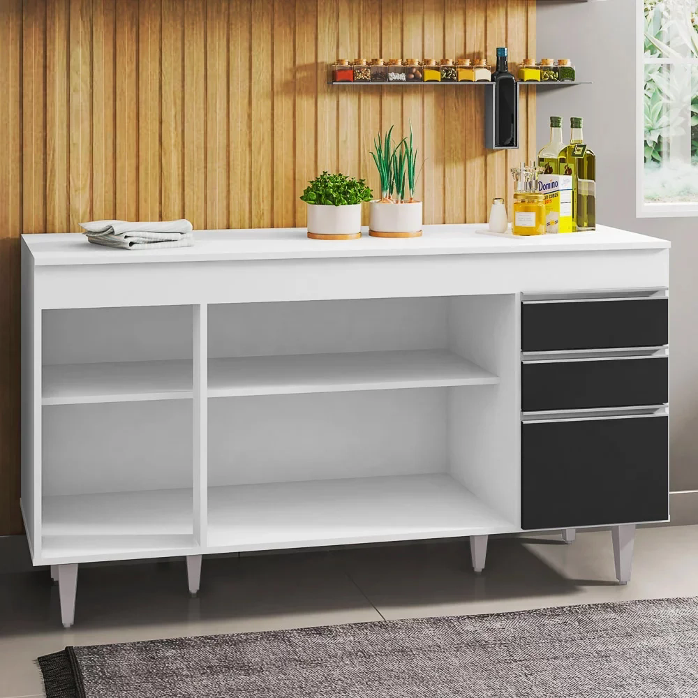 Balcão Gabinete Para Pia 150cm com Tampo 4 Portas 2 Gavetas Marrocos Branco/Preto - Lumil