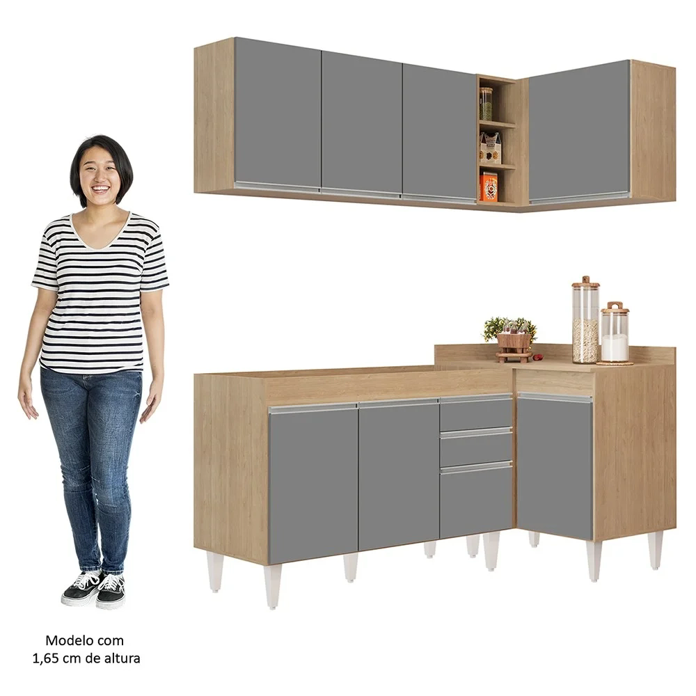Armário de Cozinha Modulado de Canto Esquerdo 4 Peças CP46 Balcão sem Tampo Castanho/Cinza - Lumil