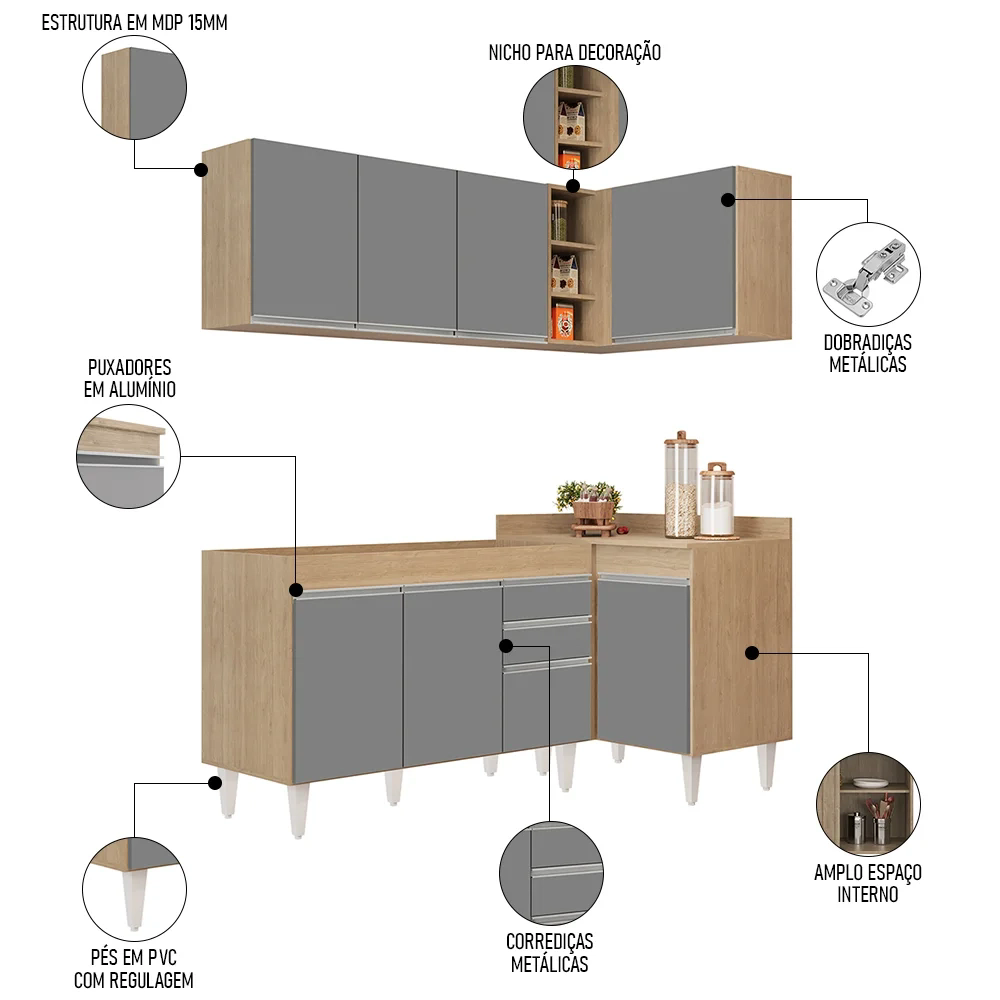 Armário de Cozinha Modulado de Canto Esquerdo 4 Peças CP46 Balcão sem Tampo Castanho/Cinza - Lumil