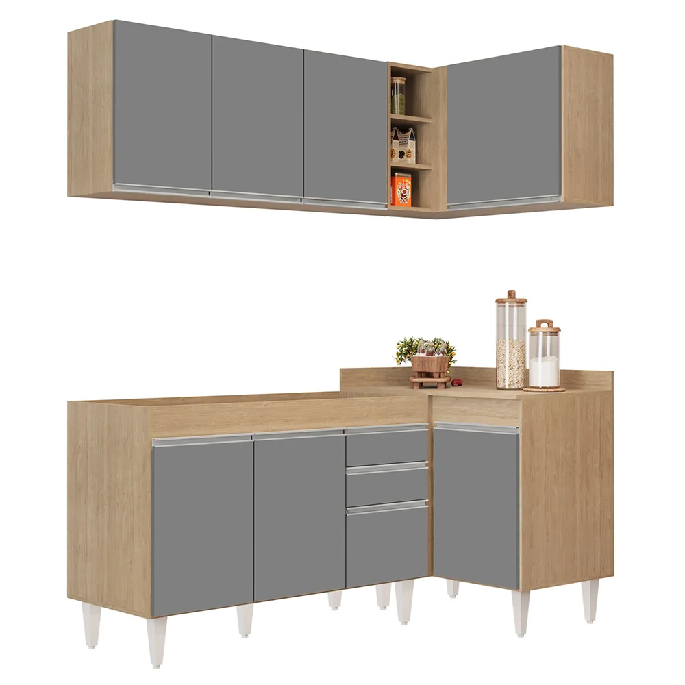 Armário de Cozinha Modulado de Canto Esquerdo 4 Peças CP46 Balcão sem Tampo Castanho/Cinza - Lumil
