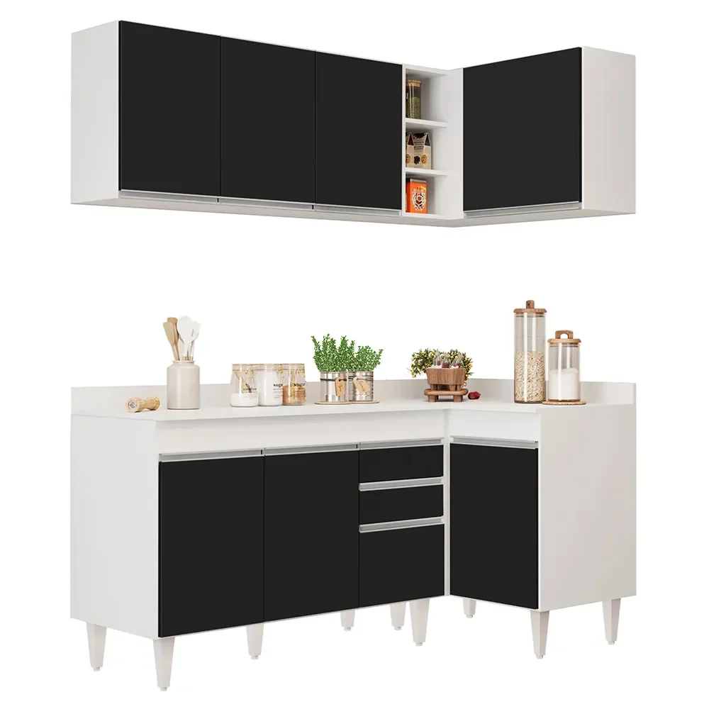 Armário de Cozinha Modulado de Canto Esquerdo 4 Peças CP47 Balcão com Tampo Branco/Preto - Lumil