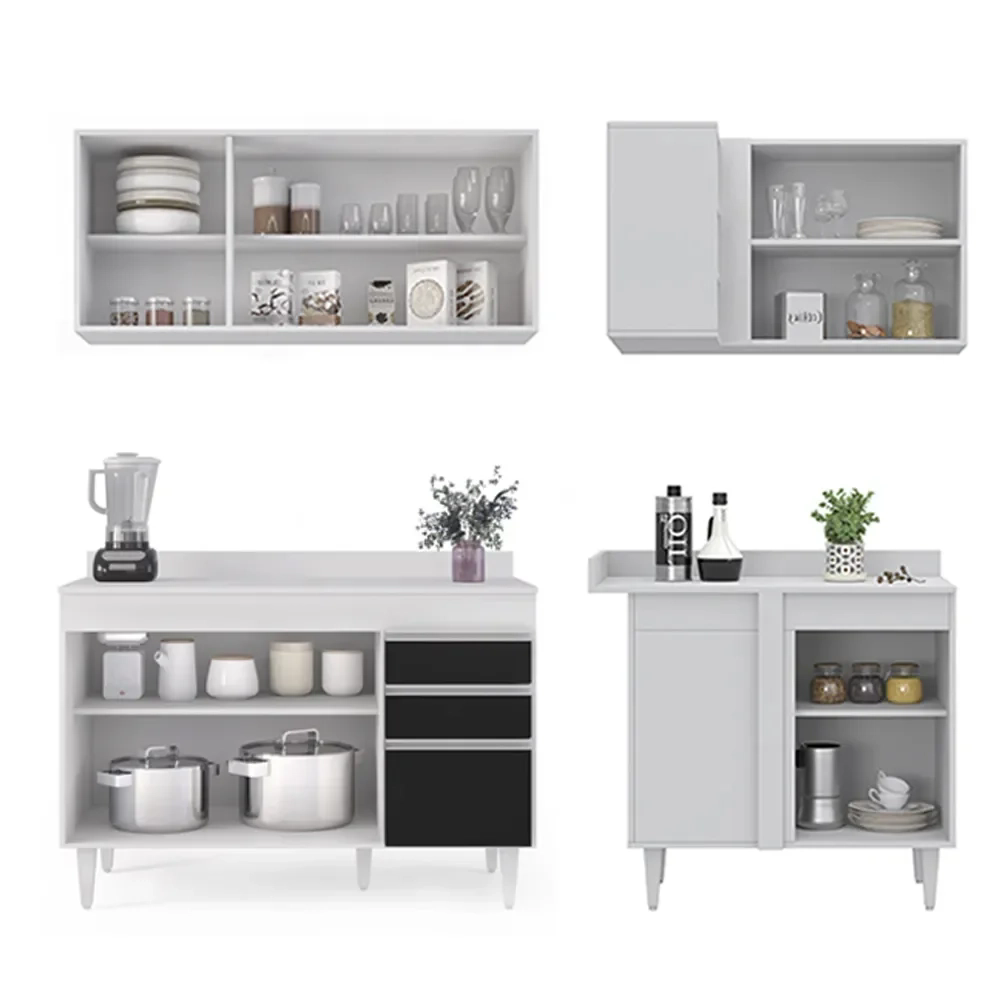 Armário de Cozinha Modulado de Canto Esquerdo 4 Peças CP47 Balcão com Tampo Branco/Preto - Lumil