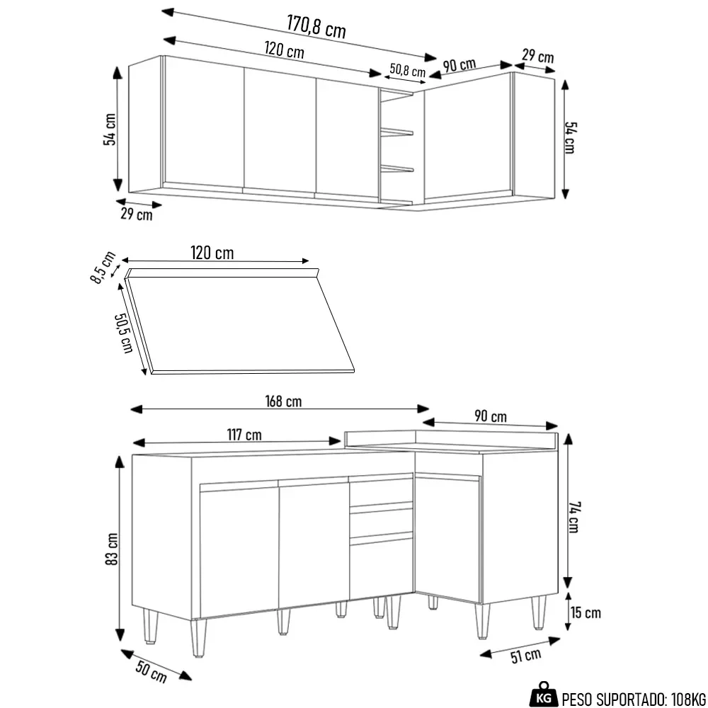 Armário de Cozinha Modulado de Canto Esquerdo 4 Peças CP47 Balcão com Tampo Branco/Preto - Lumil