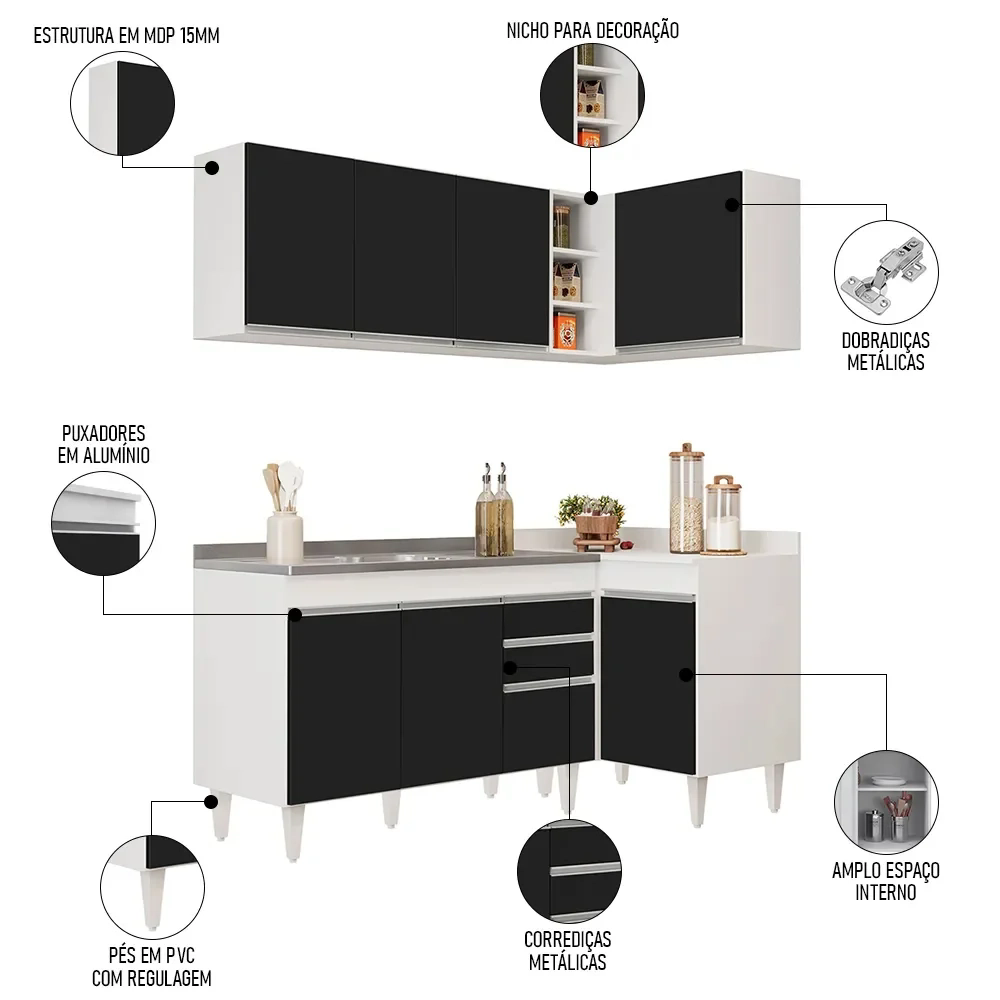 Armário de Cozinha Modulado de Canto Esquerdo 4 Peças CP47 Balcão com Tampo Branco/Preto - Lumil