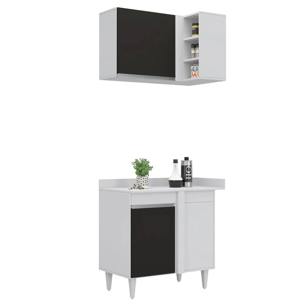 Armário de Cozinha Modulado de Canto Esquerdo 4 Peças CP47 Balcão com Tampo Branco/Preto - Lumil