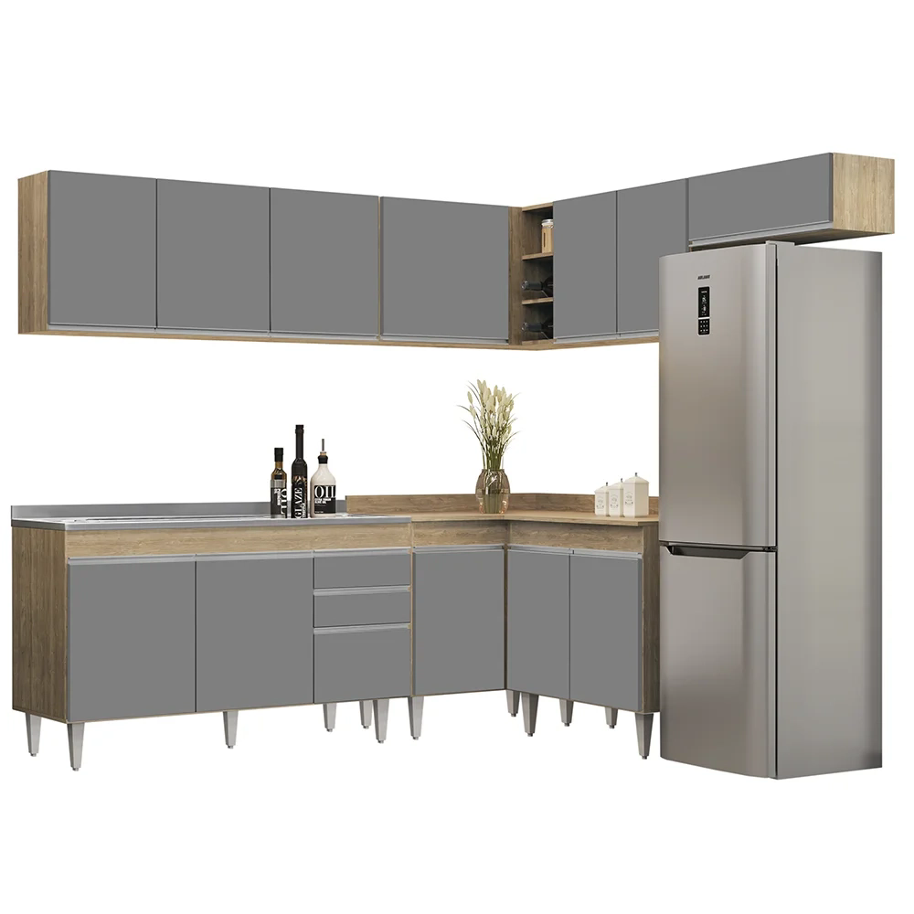 Armário de Cozinha Modulado de Canto 7 Peças CP24 com Pia Inox Castanho/Cinza - Lumil
