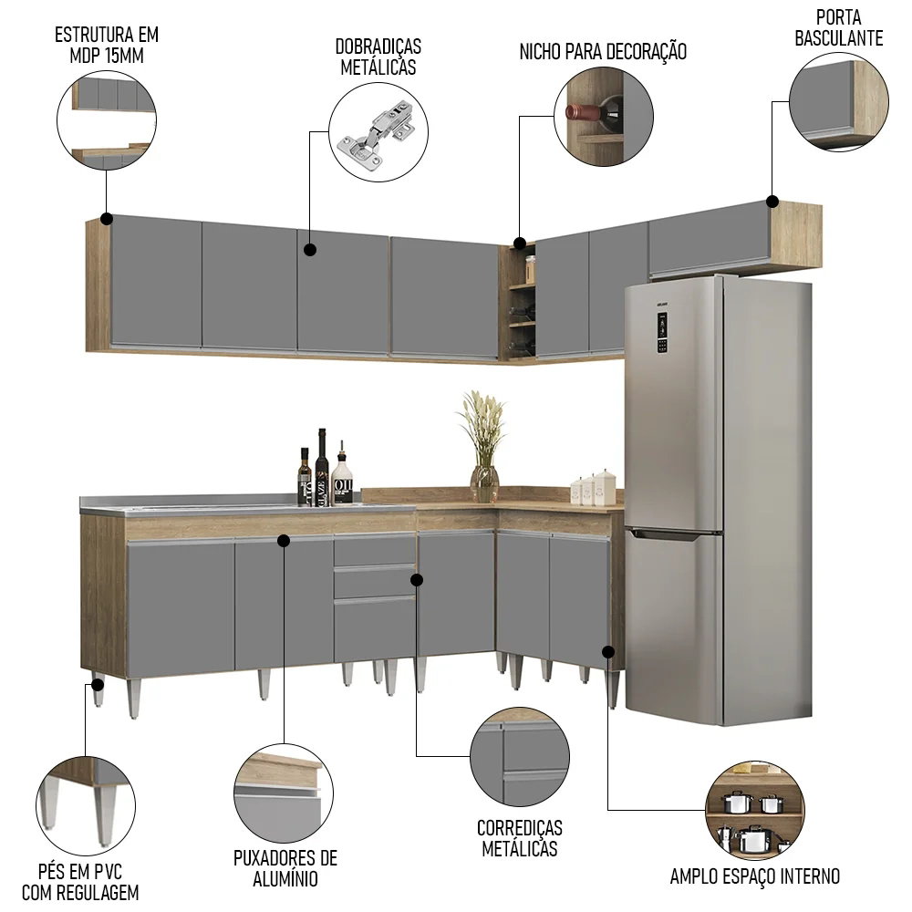Armário de Cozinha Modulado de Canto 7 Peças CP24 com Pia Inox Castanho/Cinza - Lumil