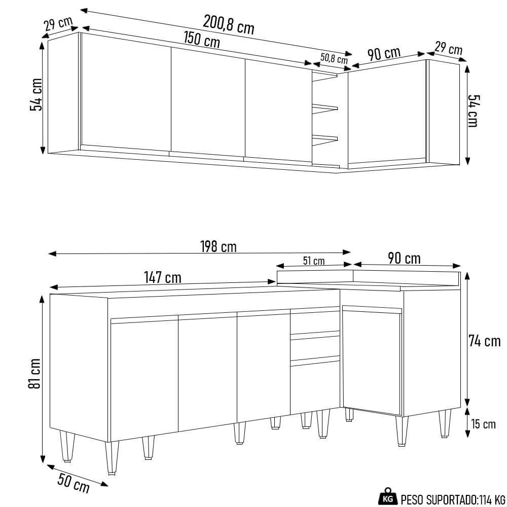 Armário de Cozinha Modulado de Canto Esquerdo 4 Peças CP49 Balcão sem Tampo Castanho/Preto - Lumil
