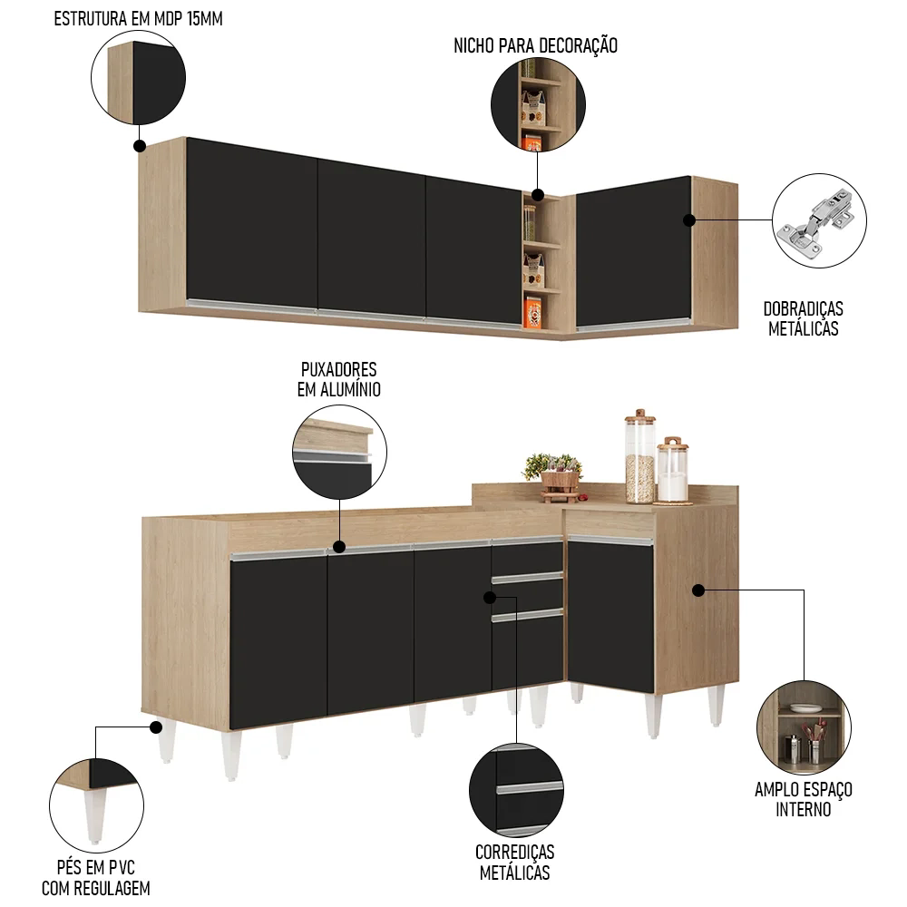 Armário de Cozinha Modulado de Canto Esquerdo 4 Peças CP49 Balcão sem Tampo Castanho/Preto - Lumil