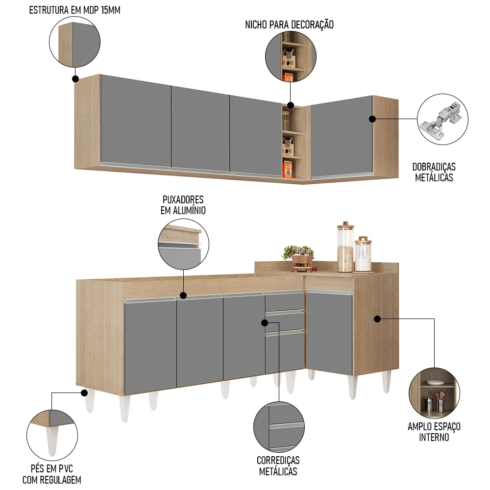 Armário de Cozinha Modulado de Canto Esquerdo 4 Peças CP49 Balcão sem Tampo Castanho/Cinza - Lumil