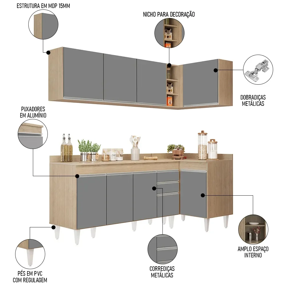 Armário de Cozinha Modulado de Canto Esquerdo 4 Peças CP50 Balcão com Tampo Castanho/Cinza - Lumil