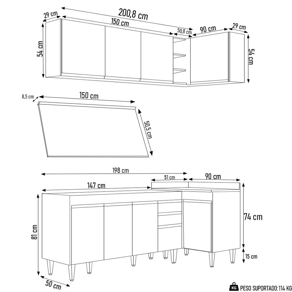 Armário de Cozinha Modulado de Canto Esquerdo 4 Peças CP50 Balcão com Tampo Castanho/Cinza - Lumil