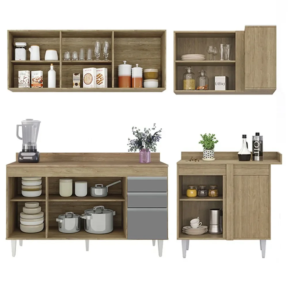 Armário de Cozinha Modulado de Canto Esquerdo 4 Peças CP50 Balcão com Tampo Castanho/Cinza - Lumil