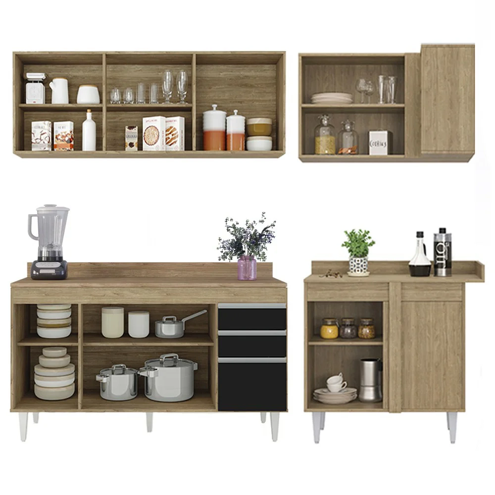 Armário de Cozinha Modulado de Canto Esquerdo 4 Peças CP50 Balcão com Tampo Castanho/Preto - Lumil