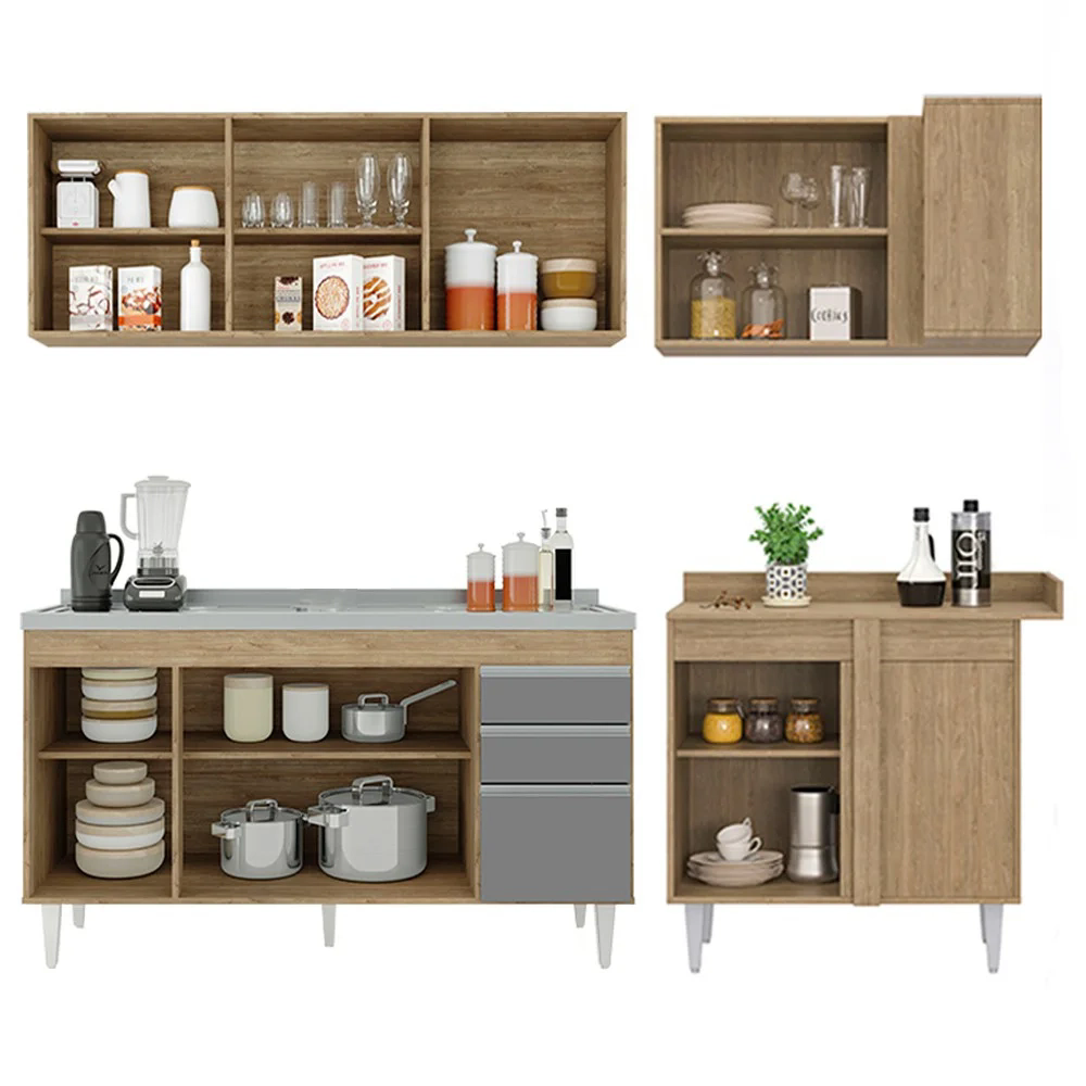 Armário de Cozinha Modulado de Canto Esquerdo 4 Peças CP51 com Pia Inox Castanho/Cinza - Lumil