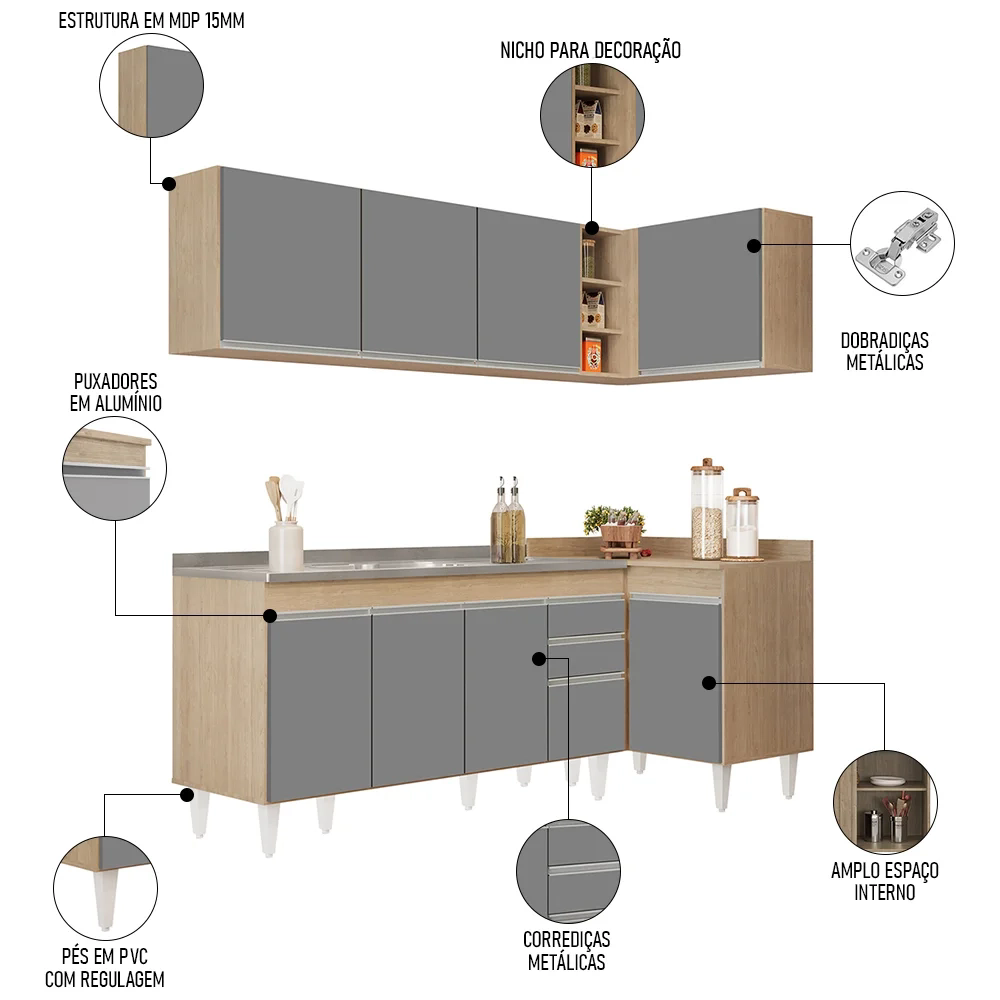 Armário de Cozinha Modulado de Canto Esquerdo 4 Peças CP51 com Pia Inox Castanho/Cinza - Lumil