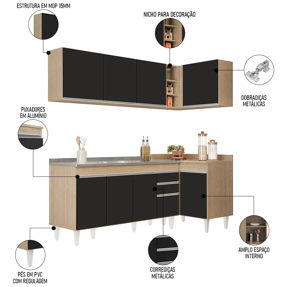 Armário de Cozinha Modulado de Canto Esquerdo 4 Peças CP51 com Pia Inox Castanho/Preto - Lumil