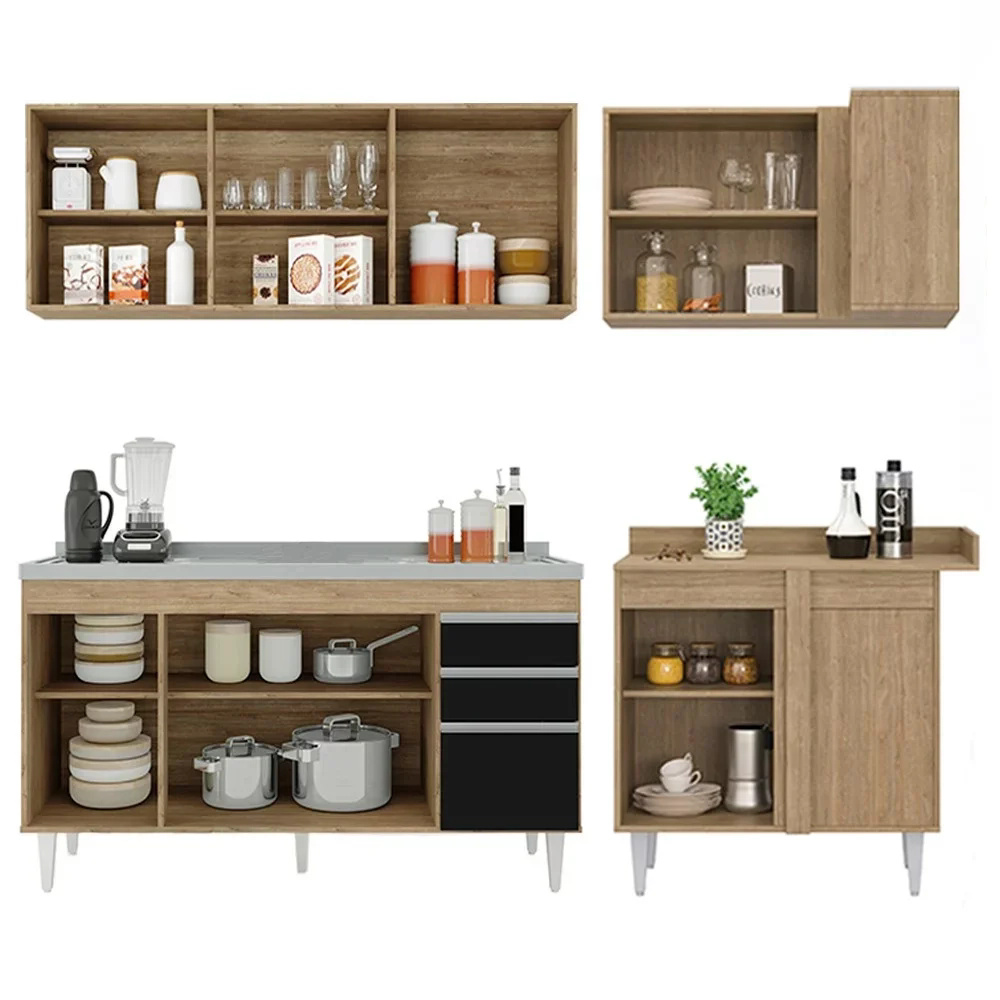 Armário de Cozinha Modulado de Canto Esquerdo 4 Peças CP51 com Pia Inox Castanho/Preto - Lumil