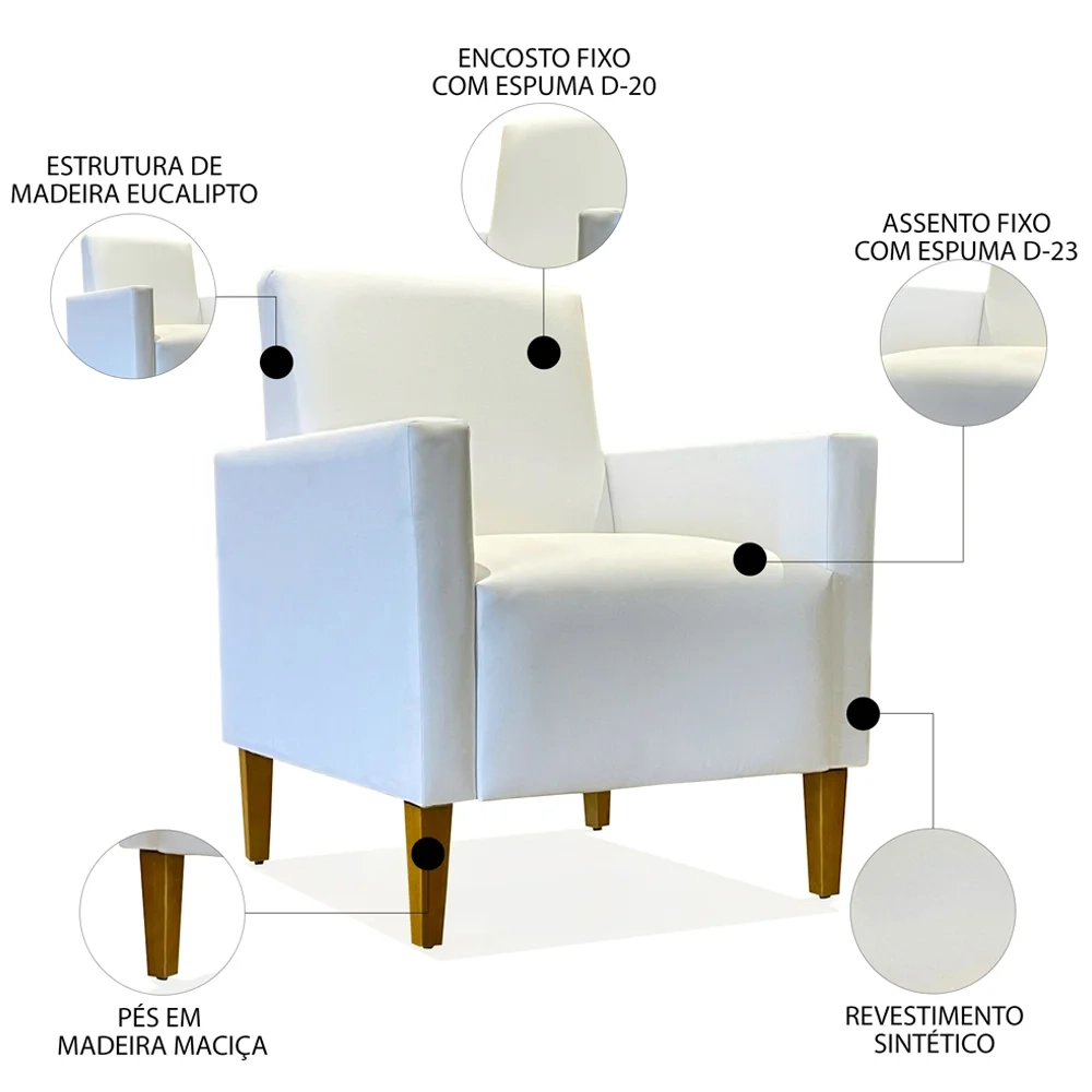 Poltrona Para Sala Pés de Madeira Kit 2 Thessa P04 Sintético Branco - Mpozenato