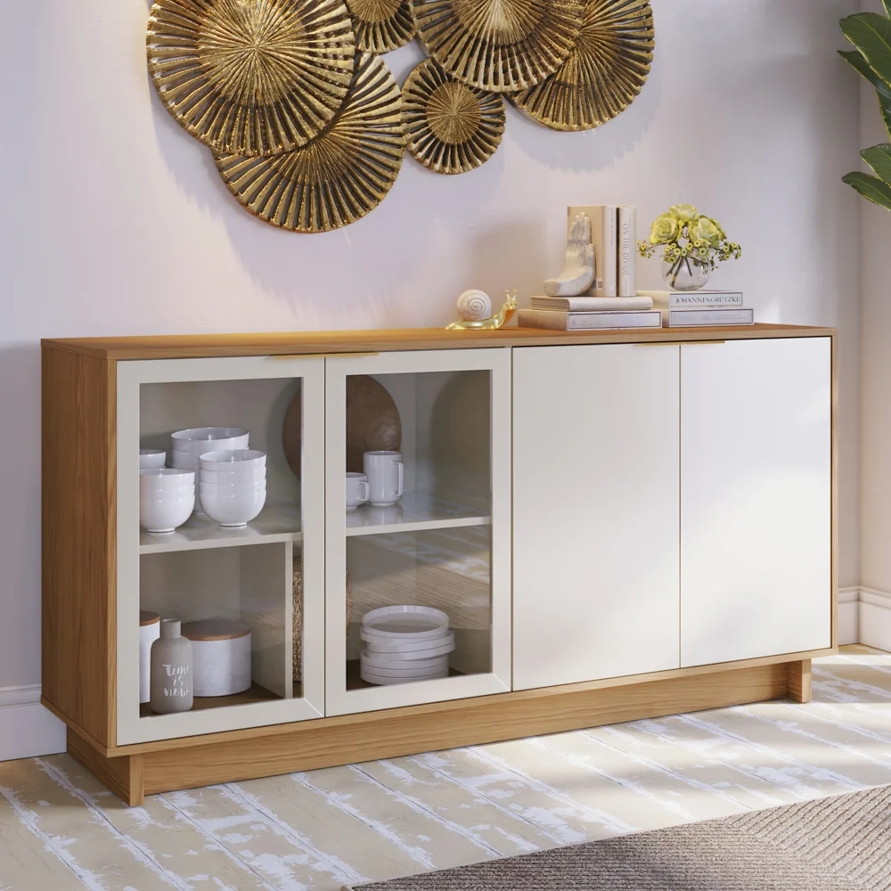 Conjunto Sala de Jantar Cristaleira Tijuca e Buffet Vicky C05 Freijó/Off White - Mpozenato