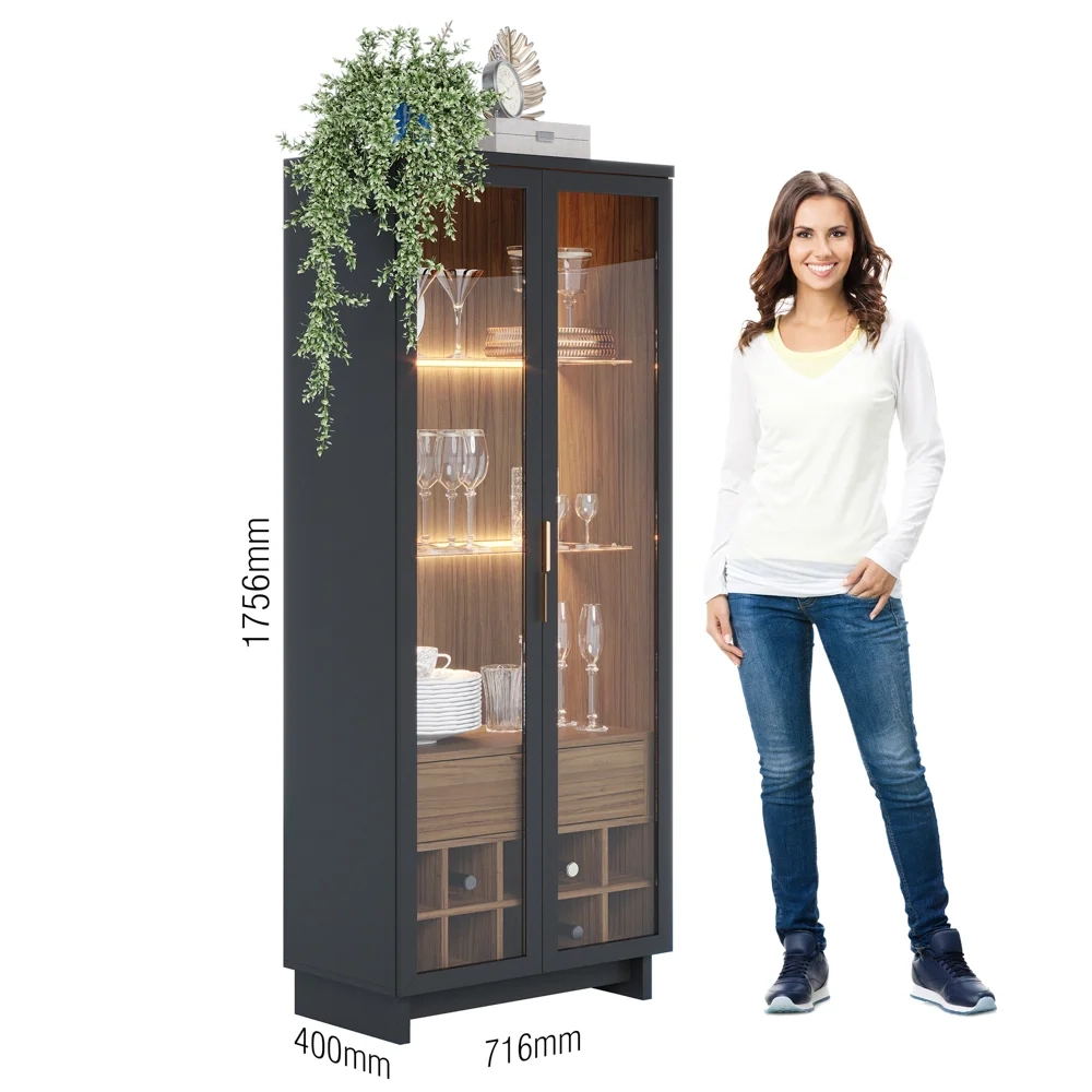 Conjunto Sala de Jantar Cristaleira Tijuca e Buffet Vicky C05 Preto Fosco/Noce Milano - Mpozenato