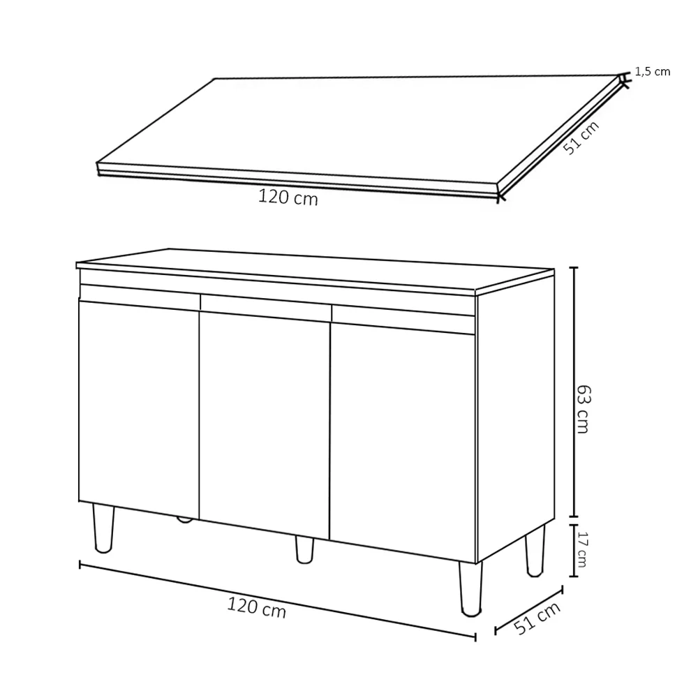 Balcão Gabinete 120cm 3 Portas Com Tampo Manu Branco - AJL Móveis