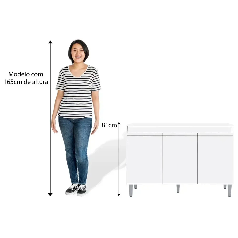 Balcão Gabinete 120cm 3 Portas Com Tampo Manu Branco - AJL Móveis