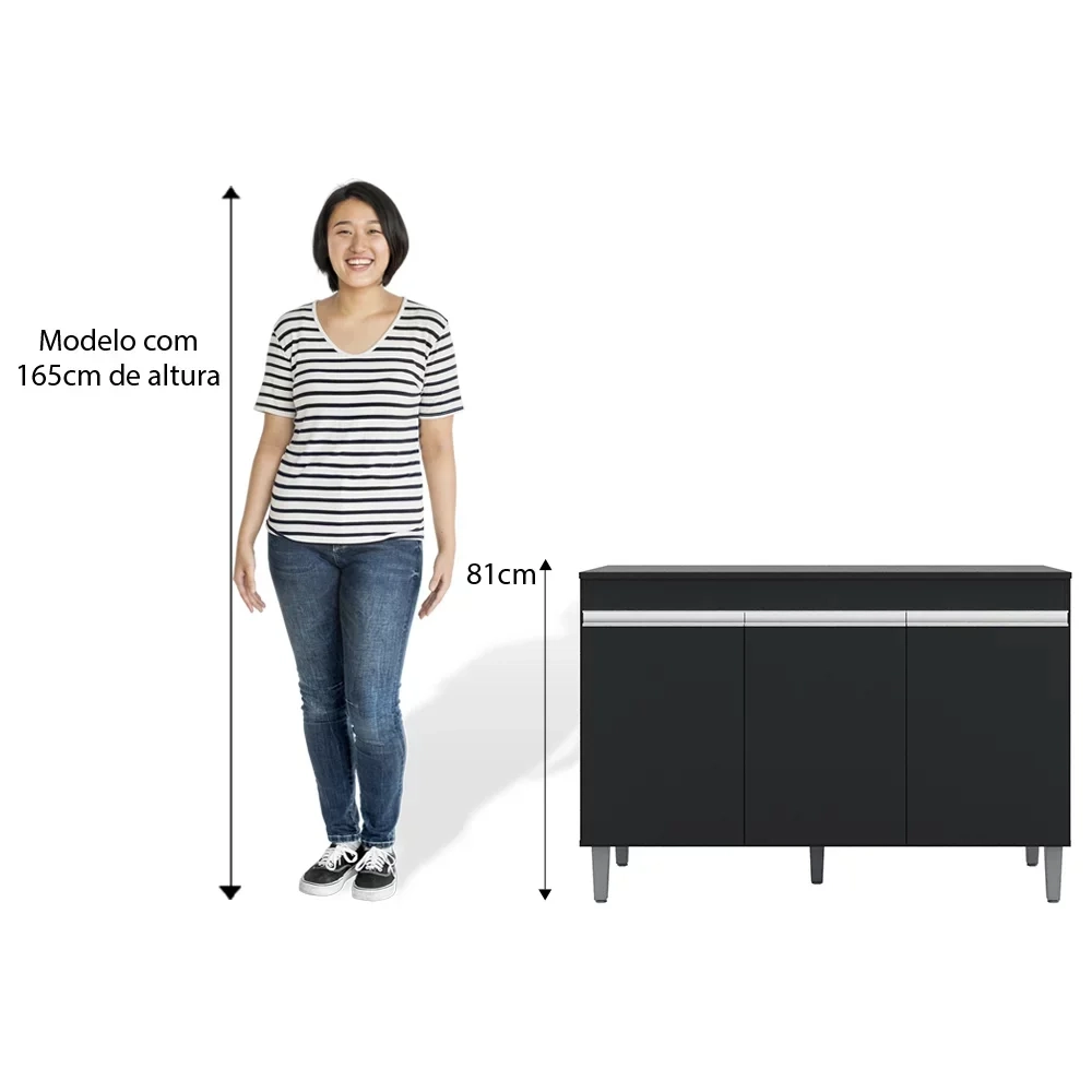 Balcão Gabinete 120cm 3 Portas Com Tampo Manu Preto - AJL Móveis