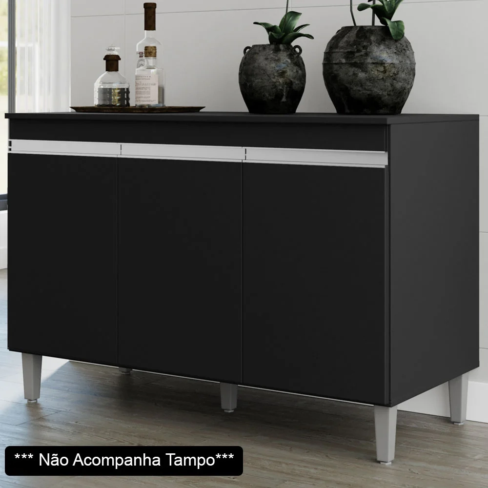 Armário Aéreo Andréia e Balcão Gabinete sem Tampo Manu 120cm Preto - AJL Móveis