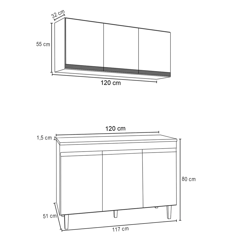 Armário e Balcão Gabinete Para Pia 120cm com Tampo 3 Portas Manu Branco - AJL Móveis