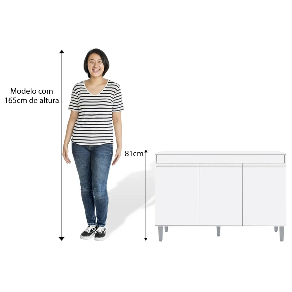 Armário e Balcão Gabinete Para Pia 120cm com Tampo 3 Portas Manu Branco - AJL Móveis