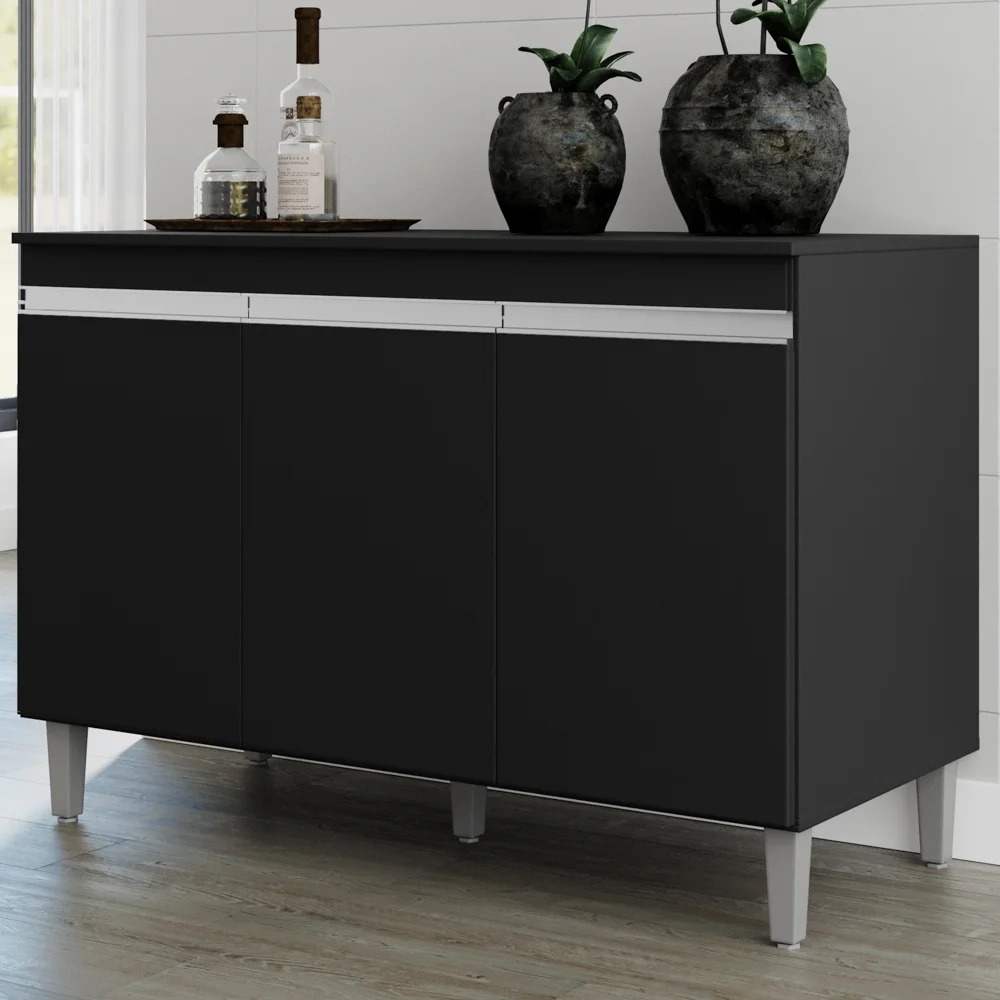 Armário e Balcão Gabinete Para Pia 120cm com Tampo 3 Portas Manu Preto - AJL Móveis