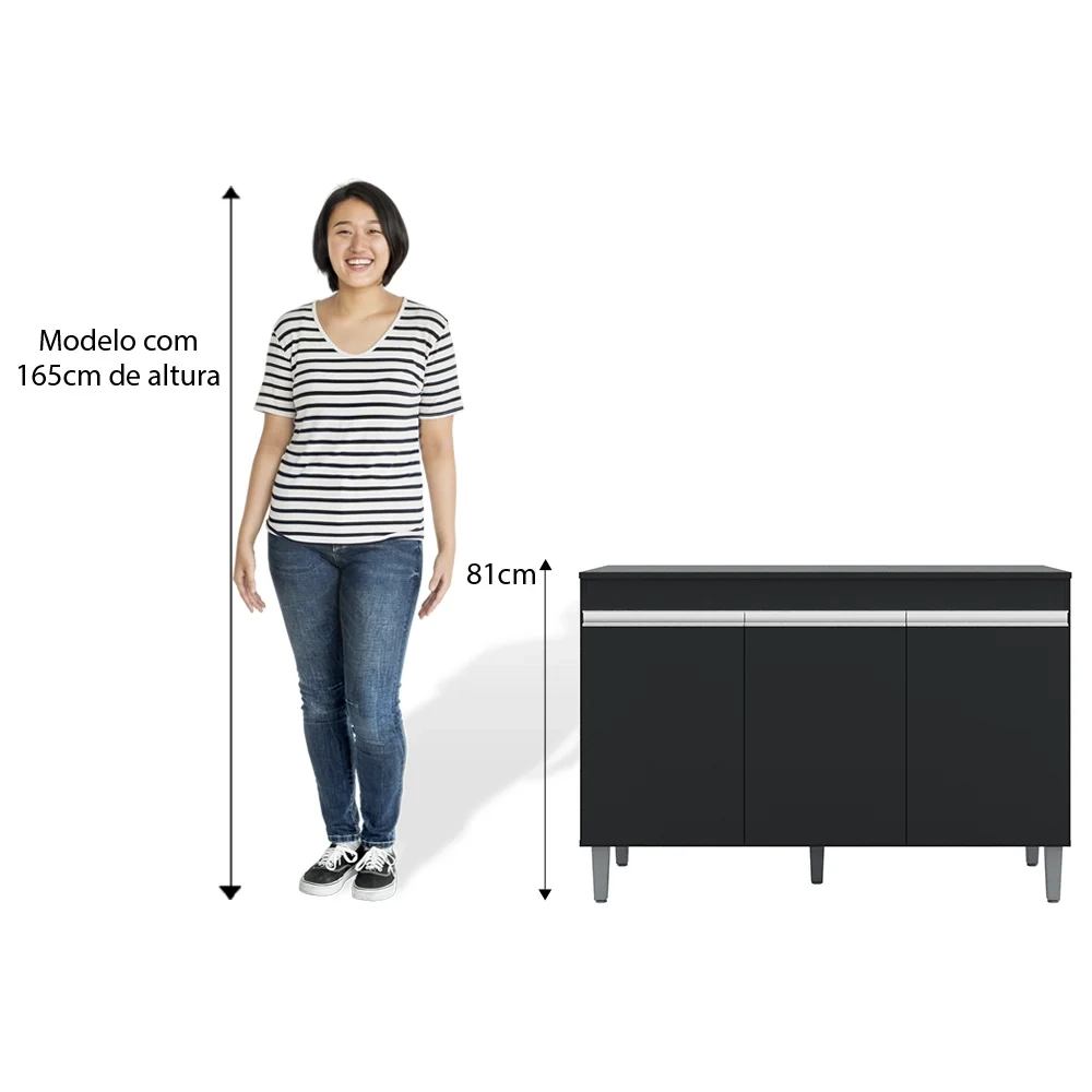 Armário e Balcão Gabinete Para Pia 120cm com Tampo 3 Portas Manu Preto - AJL Móveis