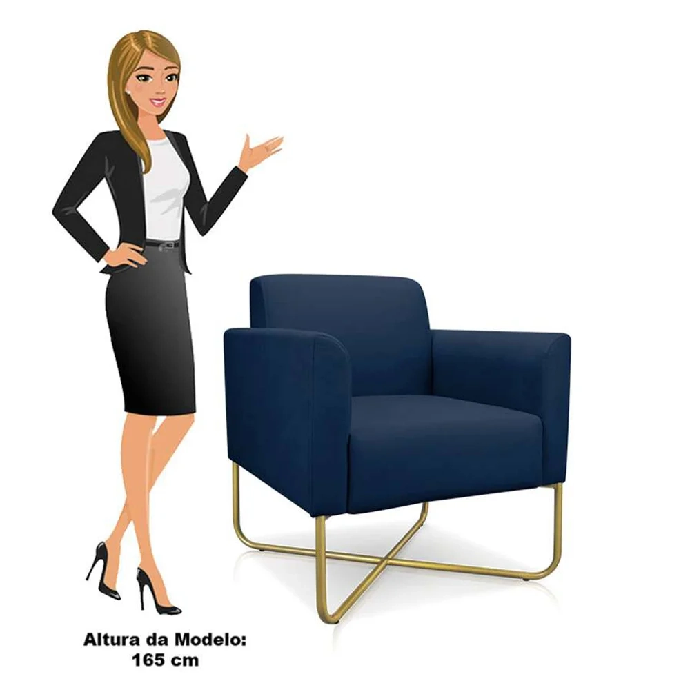 Kit 2 Poltronas Decorativas Base Industrial X Dourada Maressa S01 Suede Azul Marinho - Ibiza