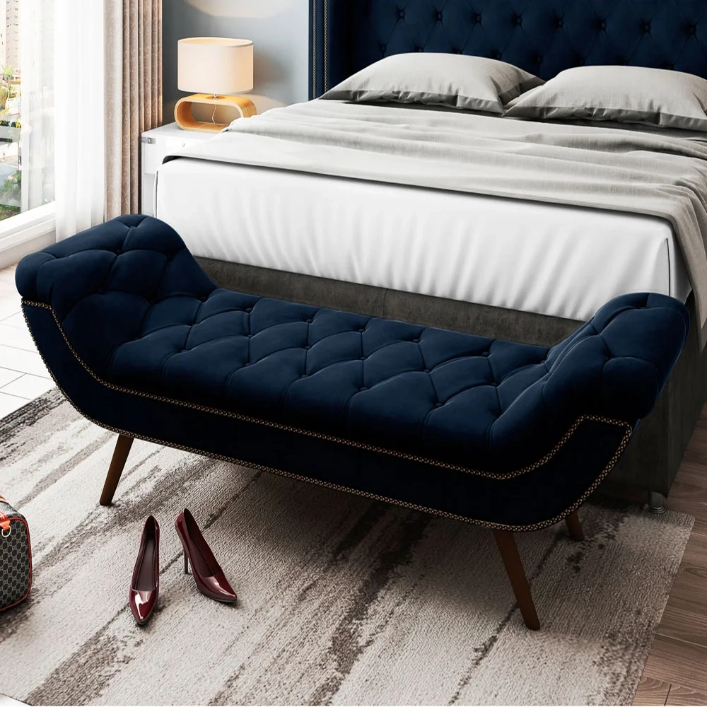 Cabeceira Cama Box Casal 140cm Provença com Calçadeira Vêneto Z37 Veludo Azul Marinho - Mpozenato