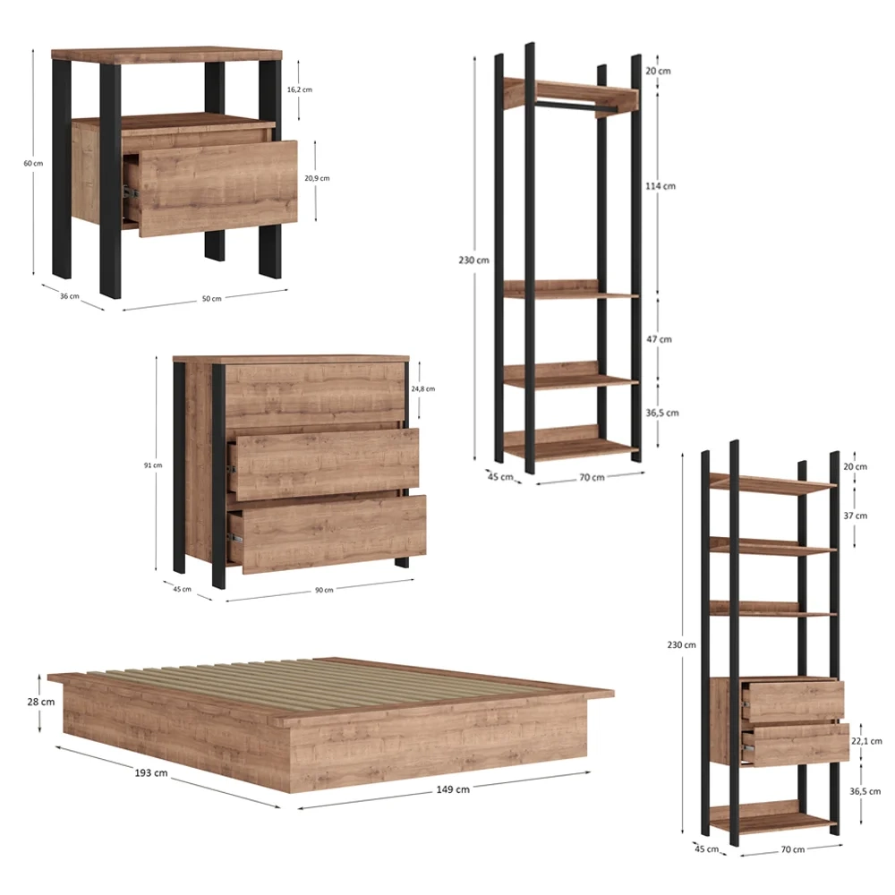 Jogo de Quarto Estilo Industrial 5 Peças Chess F04 Preto/Solanum - Mpozenato