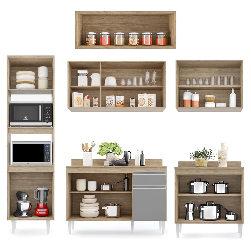Cozinha Modulada 6 Módulos Composição 8 Castanho/Cinza - Lumil Móveis