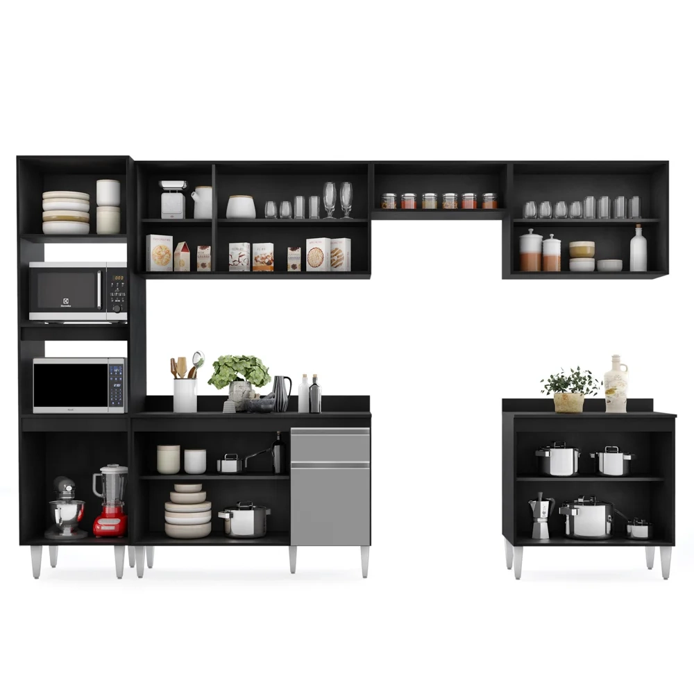 Cozinha Modulada 6 Módulos Composição 8 Preto/Cinza - Lumil Móveis