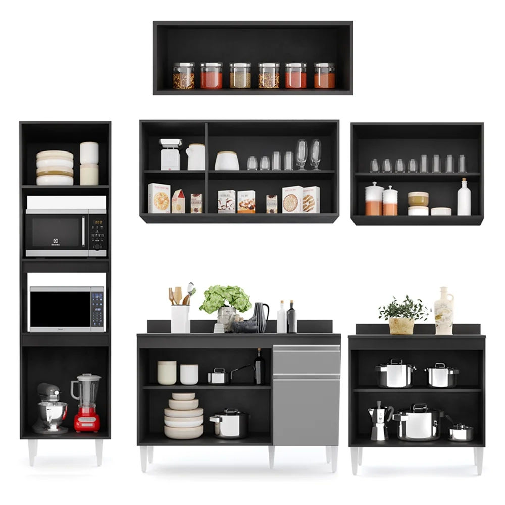 Cozinha Modulada 6 Módulos Composição 8 Preto/Cinza - Lumil Móveis
