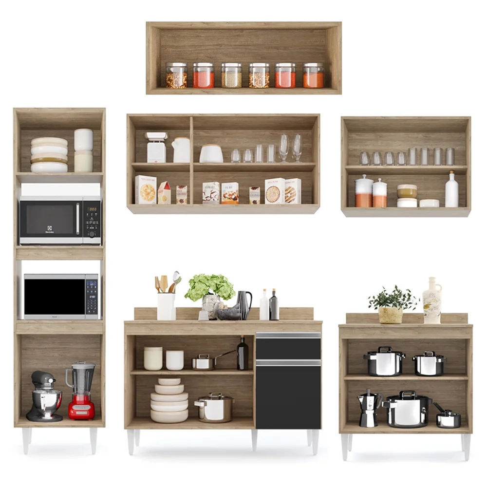 Cozinha Modulada 6 Módulos Composição 8 Castanho/Preto - Lumil Móveis