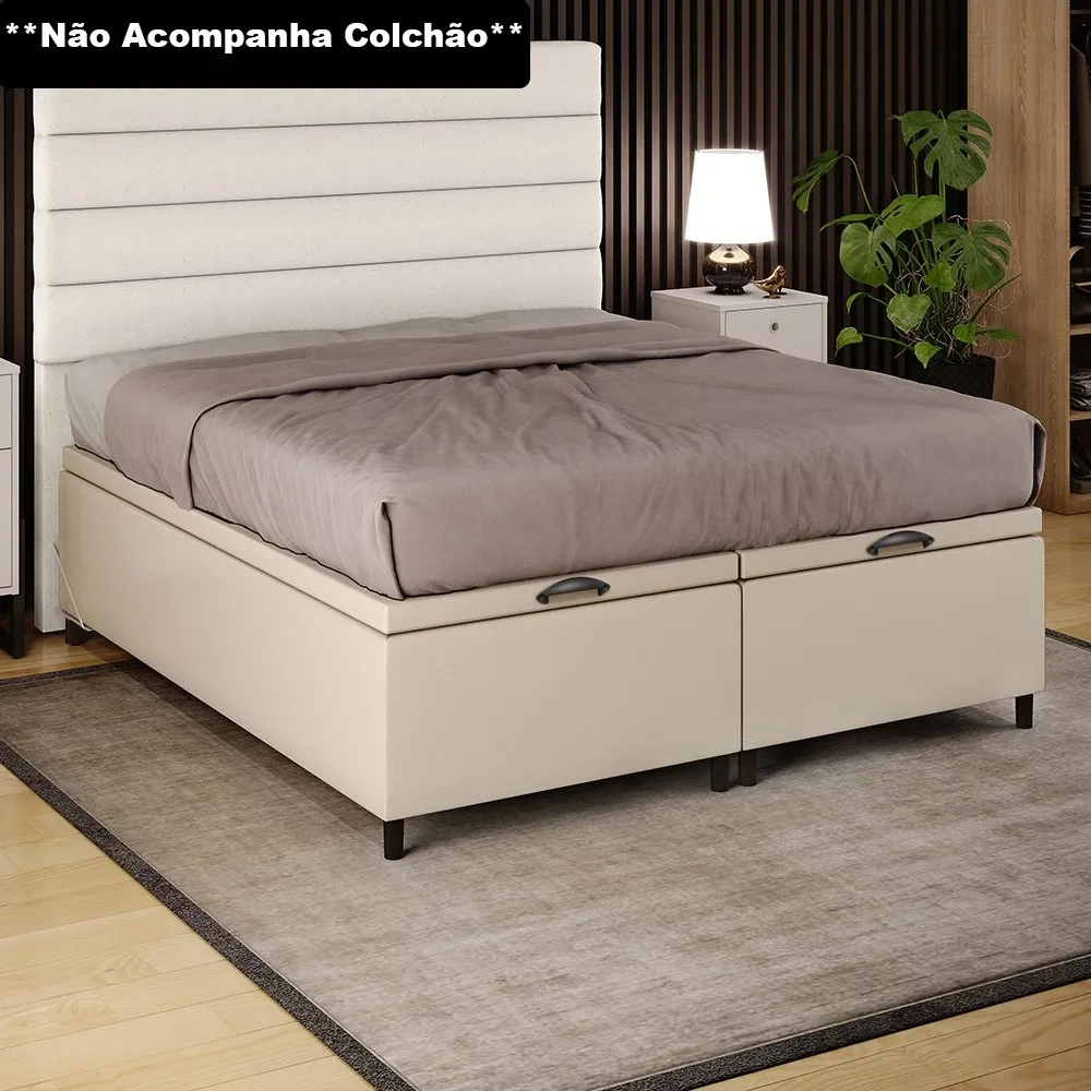 Base Cama Box Baú Casal Queen 158cm Hit Z04 Sintético Bege- Mpozenato