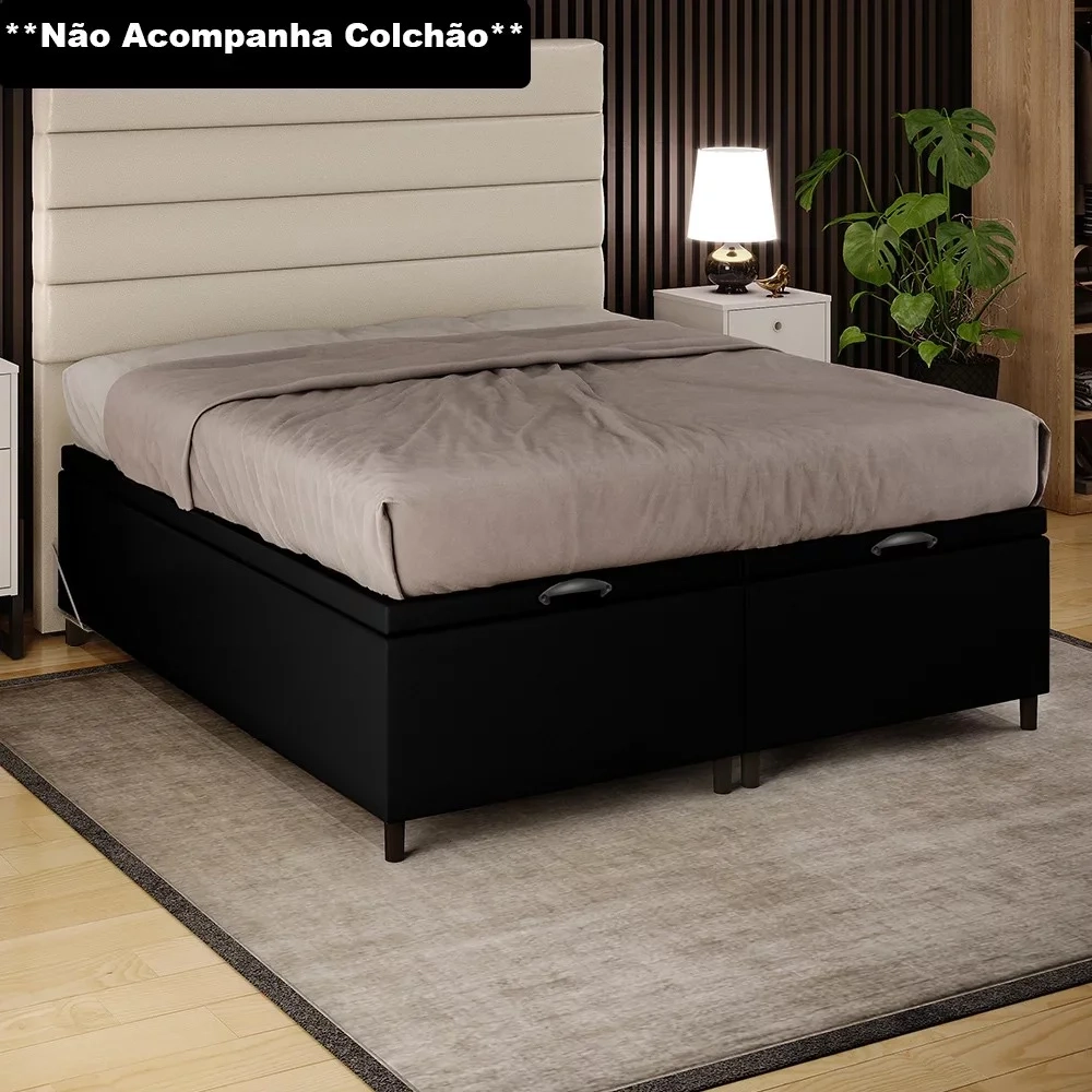 Base Cama Box Baú Casal Queen 158cm Hit Z04 Sintético Preto - Mpozenato
