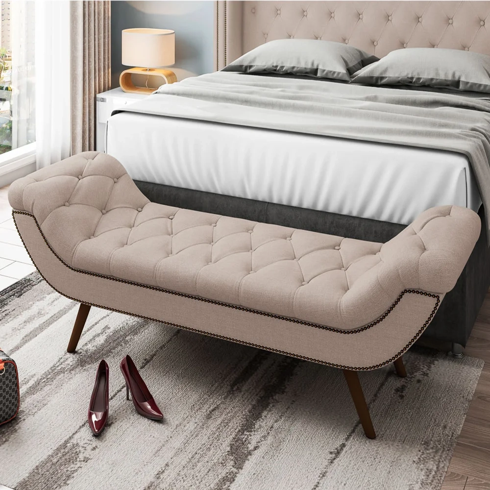 Cabeceira Cama Box Casal 140cm Provença com Calçadeira Vêneto Z37 Linho Bege Cru - Mpozenato