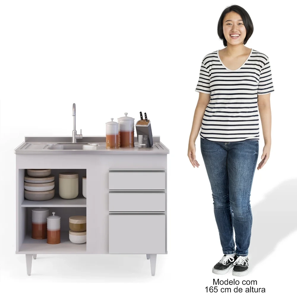 Balcão Gabinete Com Pia Inox 100cm 2 Portas 2 Gavetas Luziania Branco - Lumil 