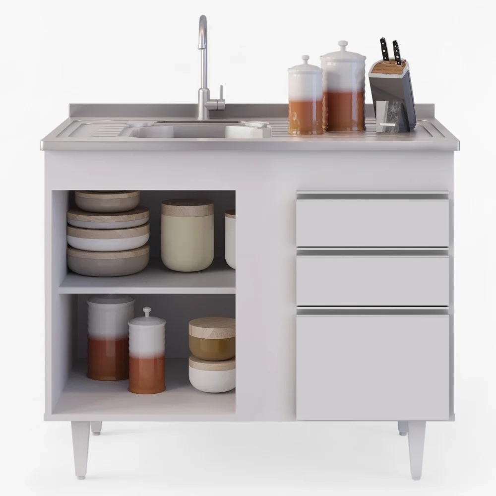 Balcão Gabinete Com Pia Inox 100cm 2 Portas 2 Gavetas Luziania Branco - Lumil 